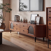 Mid-Century Modern TV Stand with Dual Arch Doors and 4 Solid Wood Drawers